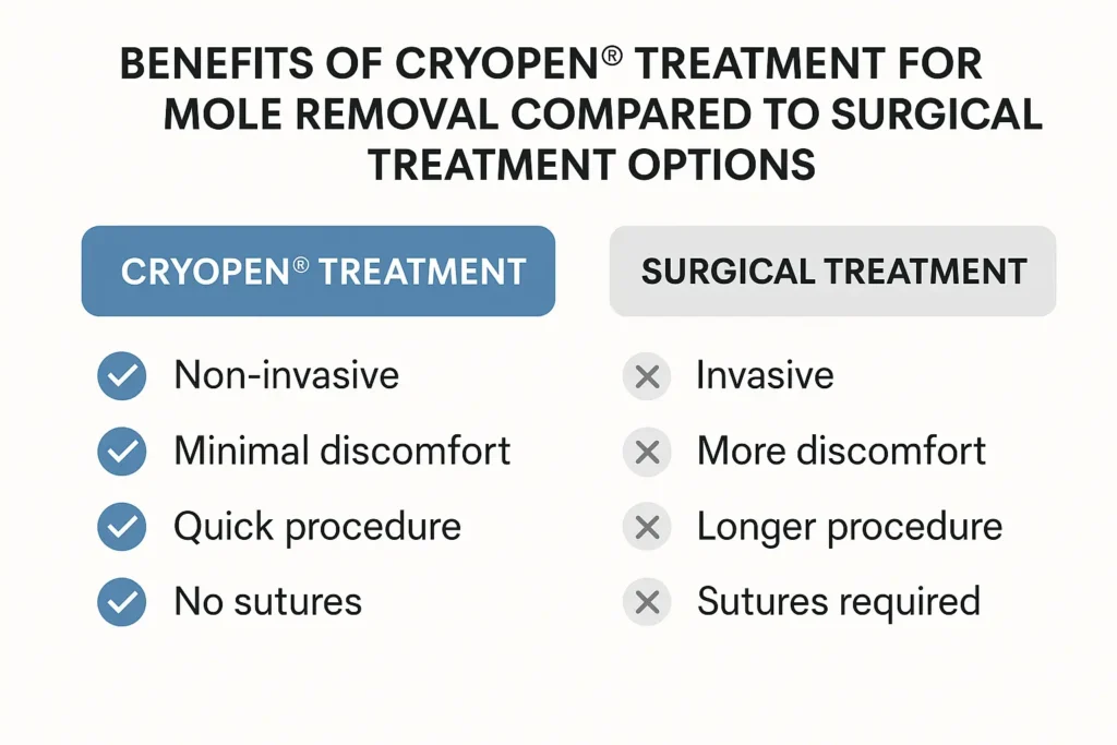 Table to show the benefits of getting moles removed Wood Green from LA LIPO