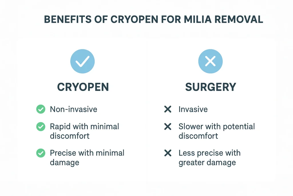 Benefits of cryopen for milia removal Wood Green compared to surgical treatments.