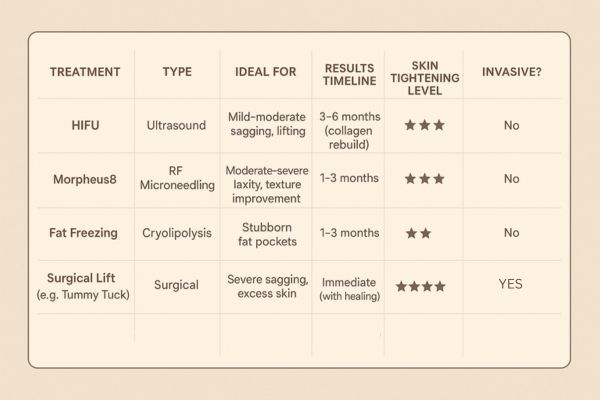 Table showing the comparisons of Skin tightening Wood Green treatment options.